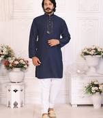 Navy blue silk sequins work straight men's kurta pyjama