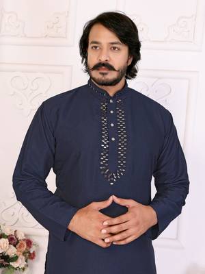 Navy blue silk sequins work straight men's kurta pyjama 2