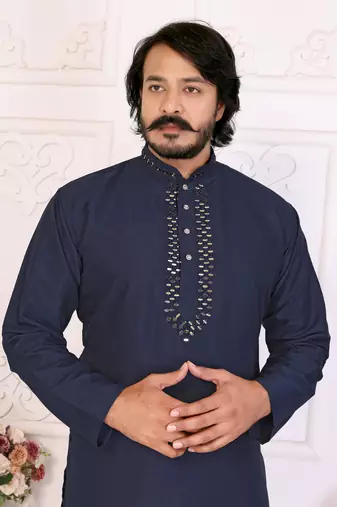 Navy blue silk sequins work straight men's kurta pyjama