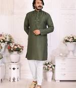 Olive silk sequins work straight men's kurta pyjama