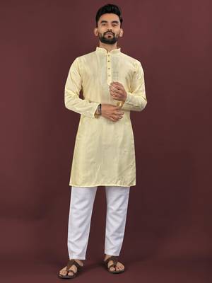 Yellow viscose silk embroidery sequins work straight men's kurta pyjama 1