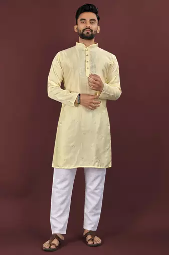 Yellow viscose silk embroidery sequins work straight men's kurta pyjama