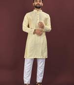 Yellow viscose silk embroidery sequins work straight men's kurta pyjama