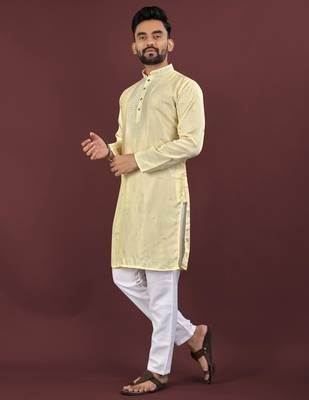 Yellow viscose silk embroidery sequins work straight men's kurta pyjama 2