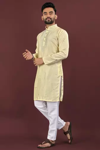 Yellow viscose silk embroidery sequins work straight men's kurta pyjama