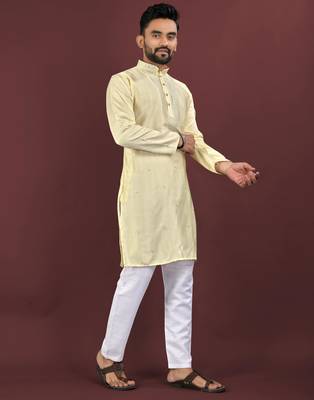 Yellow viscose silk embroidery sequins work straight men's kurta pyjama 3