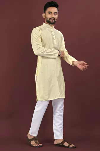 Yellow viscose silk embroidery sequins work straight men's kurta pyjama