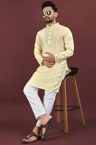 Yellow viscose silk embroidery sequins work straight men's kurta pyjama