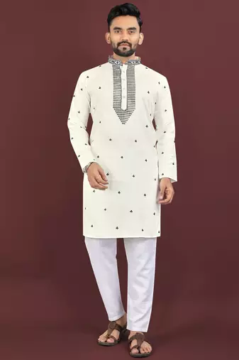 White viscose silk embroidery sequins work straight men's kurta pyjama
