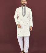 White viscose silk embroidery sequins work straight men's kurta pyjama