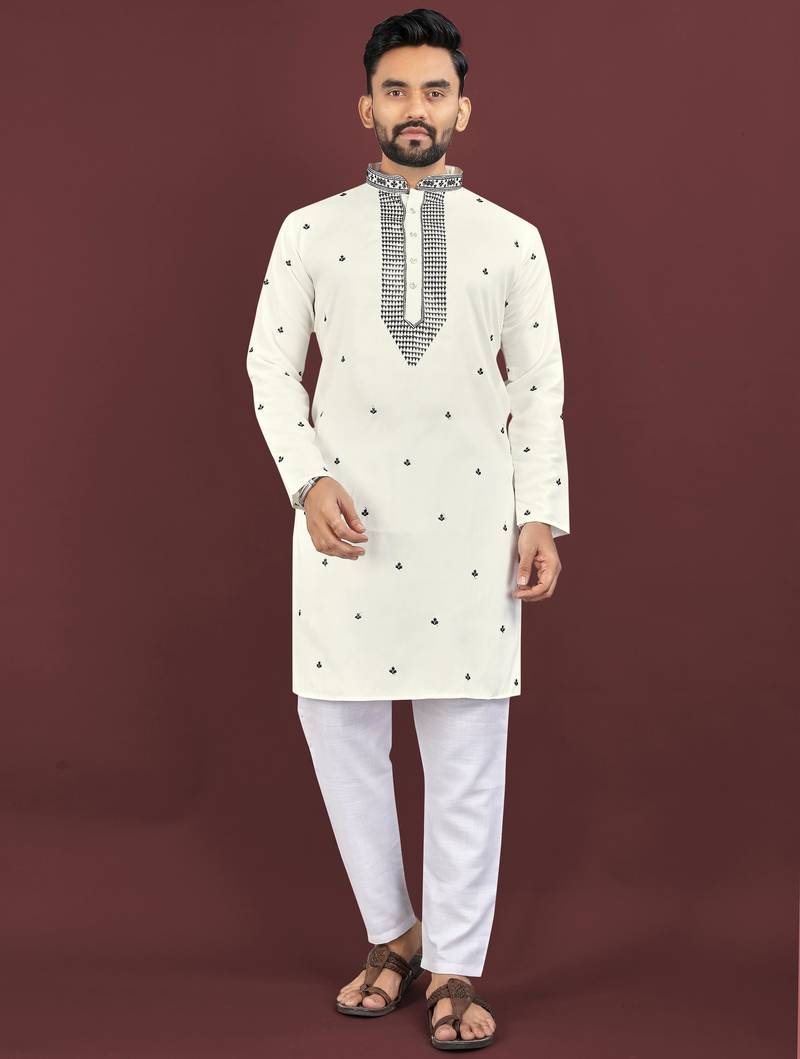 White viscose silk embroidery sequins work straight men's kurta pyjama
