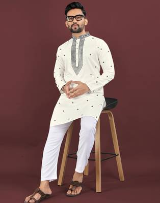 White viscose silk embroidery sequins work straight men's kurta pyjama 2