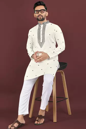 White viscose silk embroidery sequins work straight men's kurta pyjama