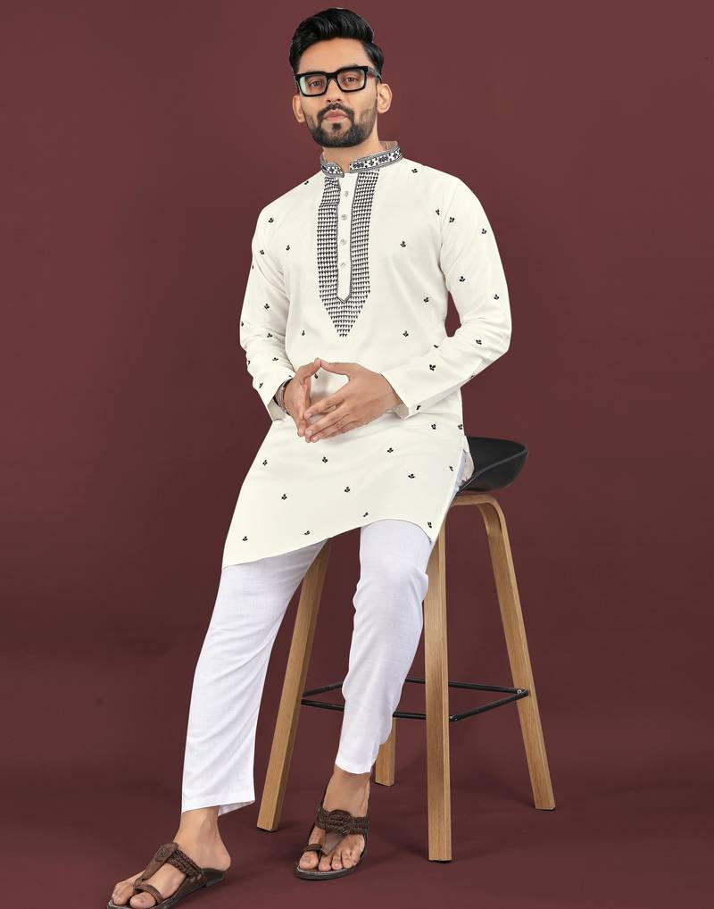 White viscose silk embroidery sequins work straight men's kurta pyjama