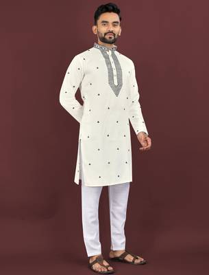 White viscose silk embroidery sequins work straight men's kurta pyjama 3