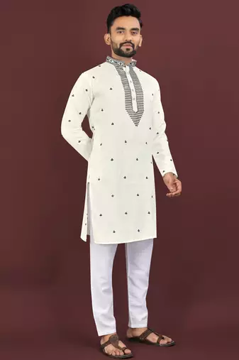 White viscose silk embroidery sequins work straight men's kurta pyjama