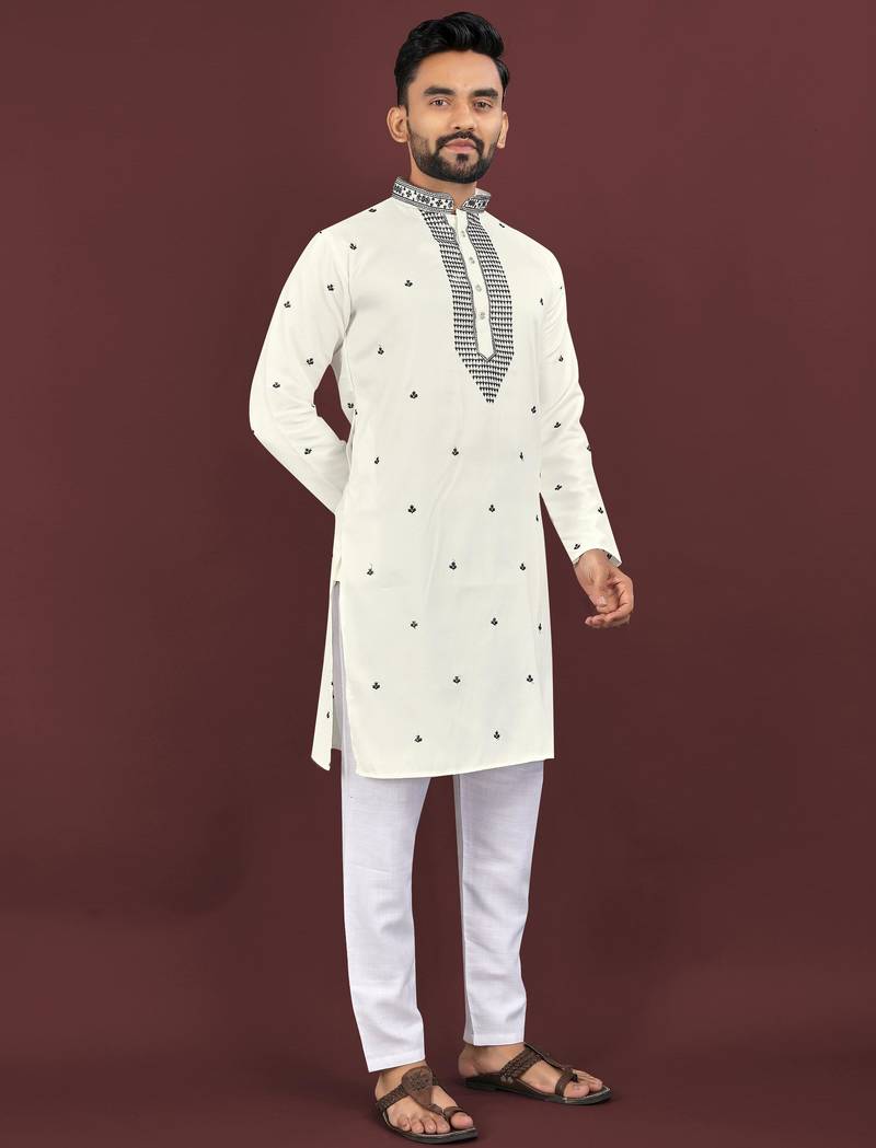 White viscose silk embroidery sequins work straight men's kurta pyjama