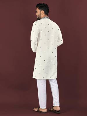White viscose silk embroidery sequins work straight men's kurta pyjama 4
