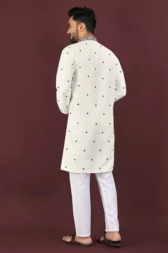 White viscose silk embroidery sequins work straight men's kurta pyjama