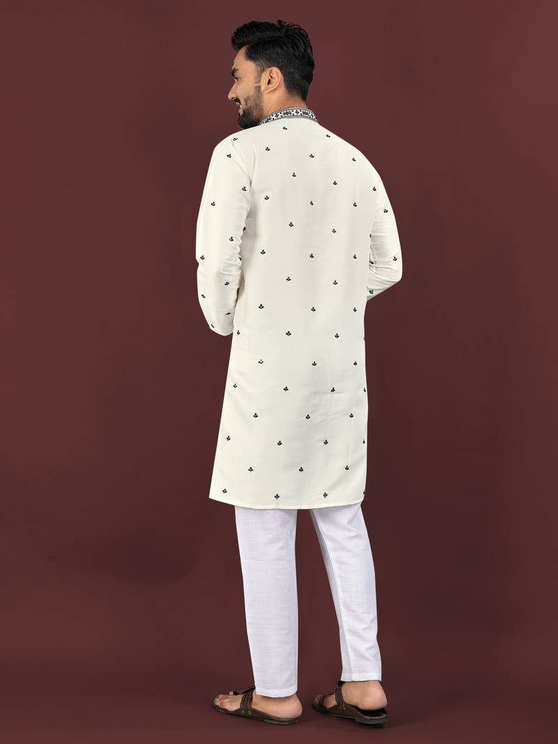 White viscose silk embroidery sequins work straight men's kurta pyjama