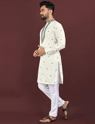 White viscose silk embroidery sequins work straight men's kurta pyjama 5