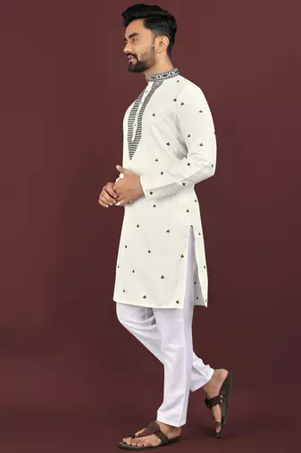 White viscose silk embroidery sequins work straight men's kurta pyjama
