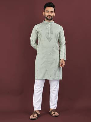 Grey viscose silk embroidery sequins work straight men's kurta pyjama 1