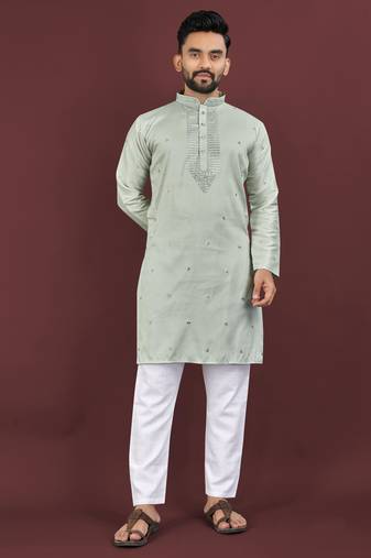 Grey viscose silk embroidery sequins work straight men's kurta pyjama