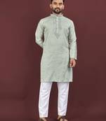Grey viscose silk embroidery sequins work straight men's kurta pyjama