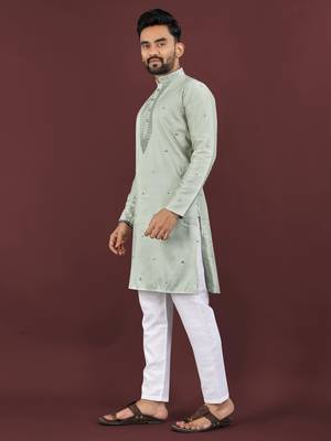 Grey viscose silk embroidery sequins work straight men's kurta pyjama 2