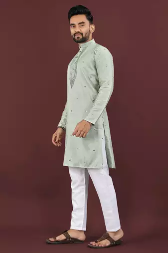 Grey viscose silk embroidery sequins work straight men's kurta pyjama