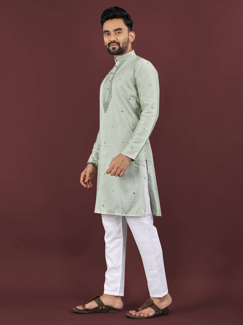 Grey viscose silk embroidery sequins work straight men's kurta pyjama
