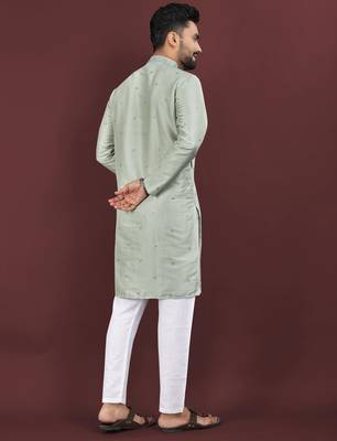 Grey viscose silk embroidery sequins work straight men's kurta pyjama 3