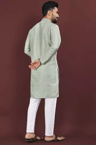 Grey viscose silk embroidery sequins work straight men's kurta pyjama