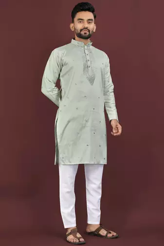 Grey viscose silk embroidery sequins work straight men's kurta pyjama