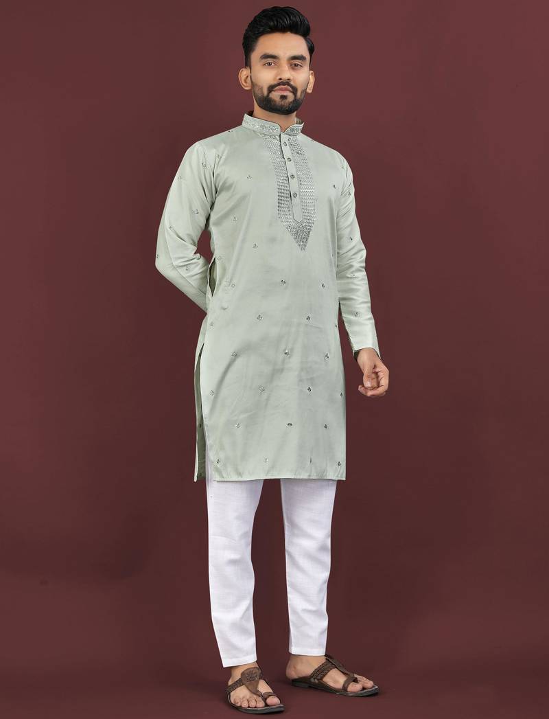 Grey viscose silk embroidery sequins work straight men's kurta pyjama