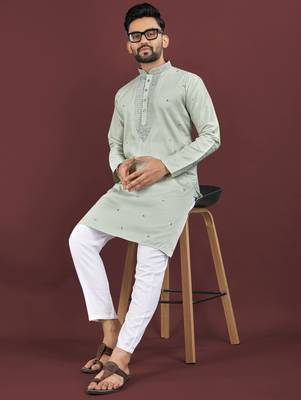 Grey viscose silk embroidery sequins work straight men's kurta pyjama 5
