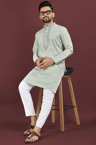 Grey viscose silk embroidery sequins work straight men's kurta pyjama