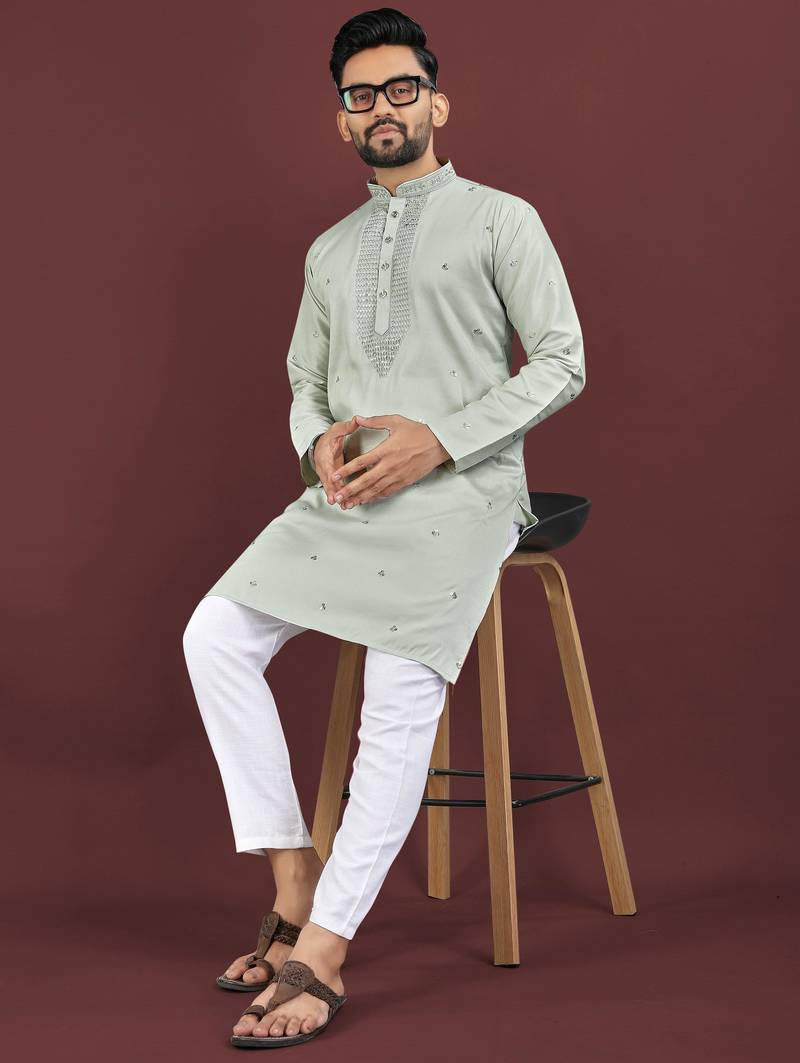 Grey viscose silk embroidery sequins work straight men's kurta pyjama