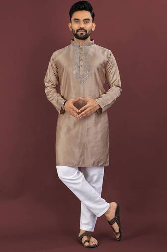 Brown viscose silk embroidery sequins work straight men's kurta pyjama