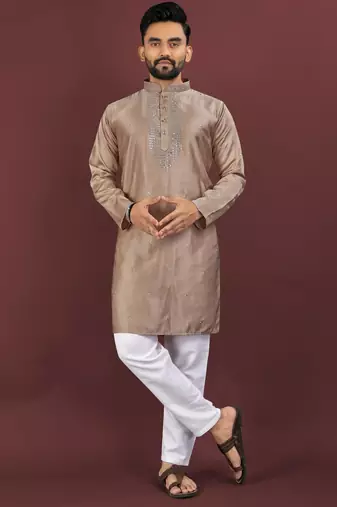 Brown viscose silk embroidery sequins work straight men's kurta pyjama