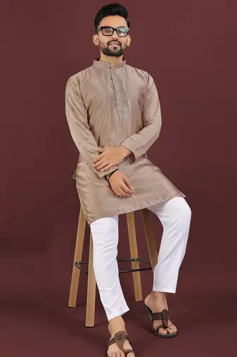 Brown viscose silk embroidery sequins work straight men's kurta pyjama