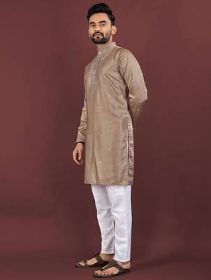 Brown viscose silk embroidery sequins work straight men's kurta pyjama 3