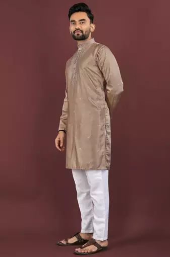 Brown viscose silk embroidery sequins work straight men's kurta pyjama