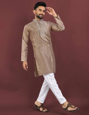 Brown viscose silk embroidery sequins work straight men's kurta pyjama 4