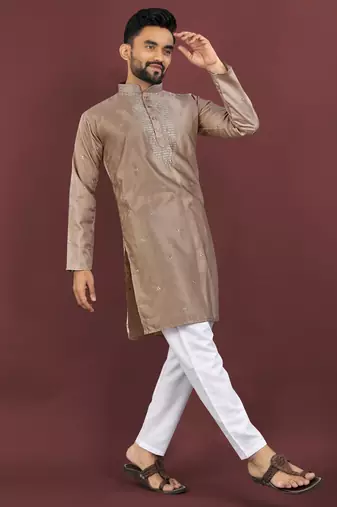 Brown viscose silk embroidery sequins work straight men's kurta pyjama