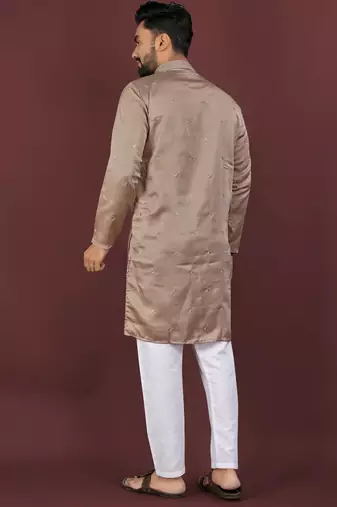 Brown viscose silk embroidery sequins work straight men's kurta pyjama