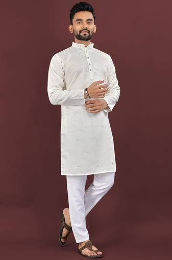 White viscose silk embroidery sequins work straight men's kurta pyjama