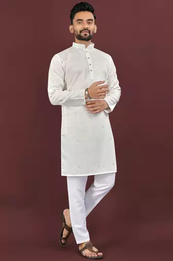 White viscose silk embroidery sequins work straight men's kurta pyjama