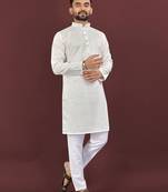 White viscose silk embroidery sequins work straight men's kurta pyjama